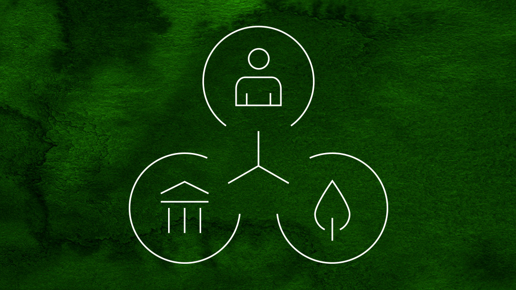 Symbolbild: Foto eines Urwalds aus großer Höhe, dazu drei verbundene Symbole: Mensch, Natur, Nachhaltigkeit